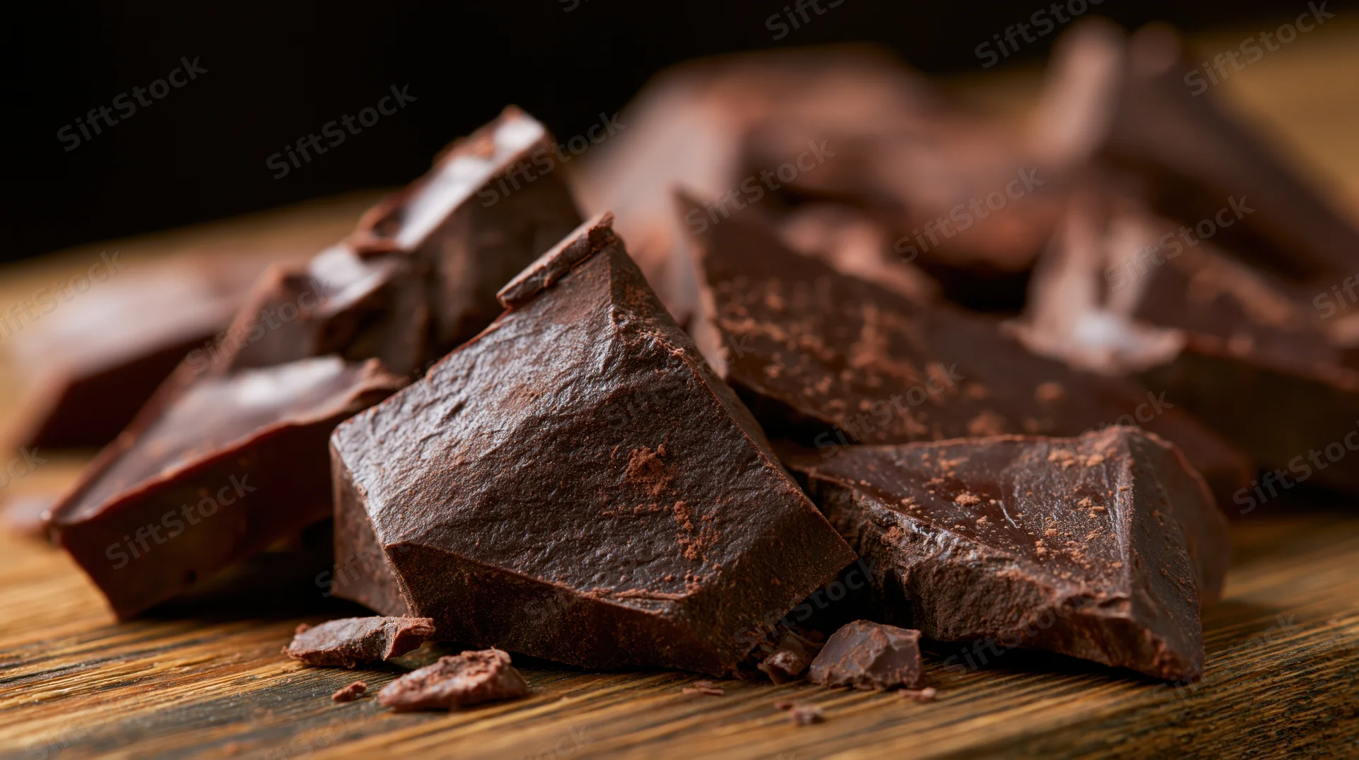 Broken dark chocolate chunks scattered on a wooden surface