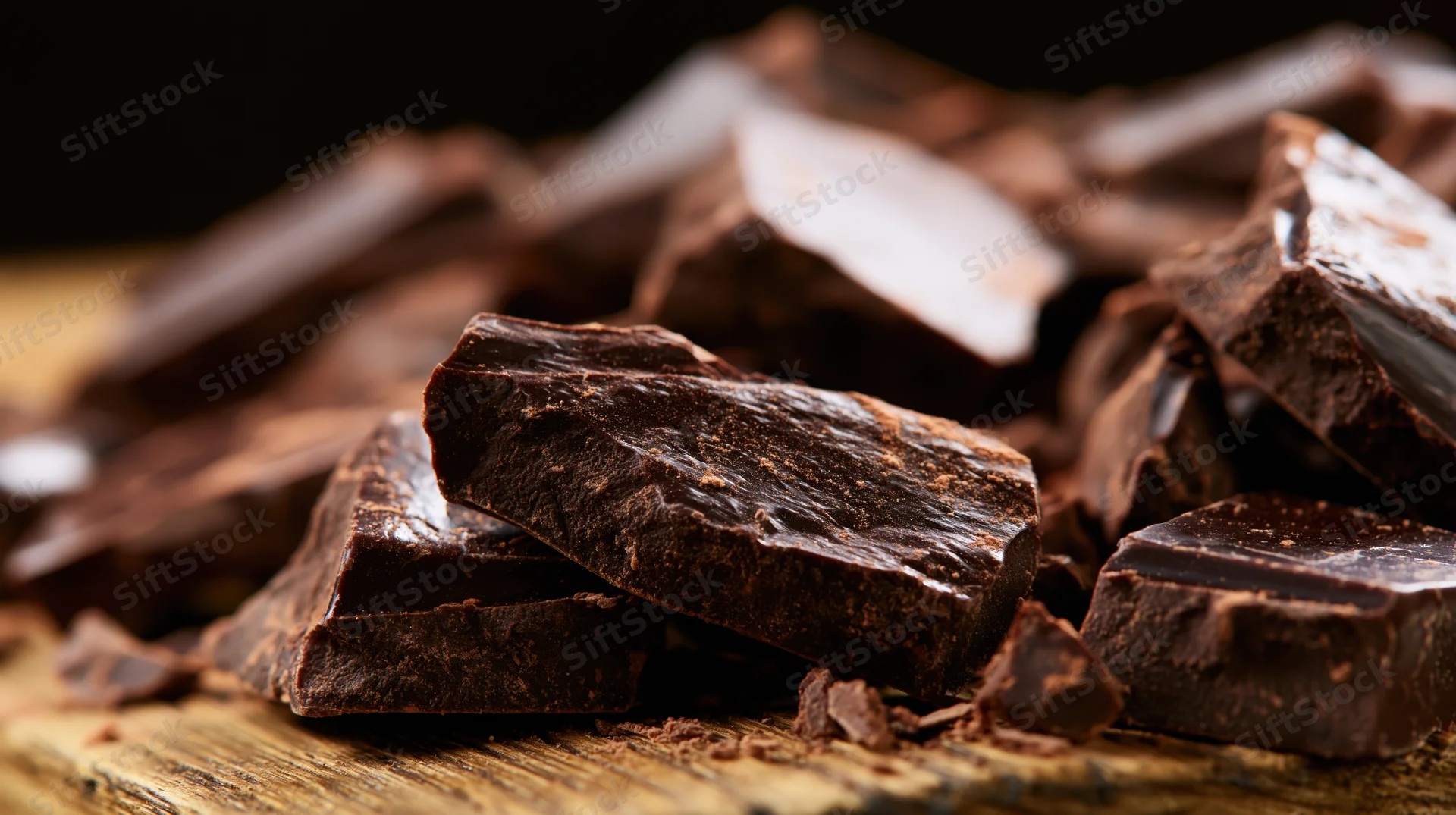 Broken dark chocolate chunks scattered on a wooden surface in closeup