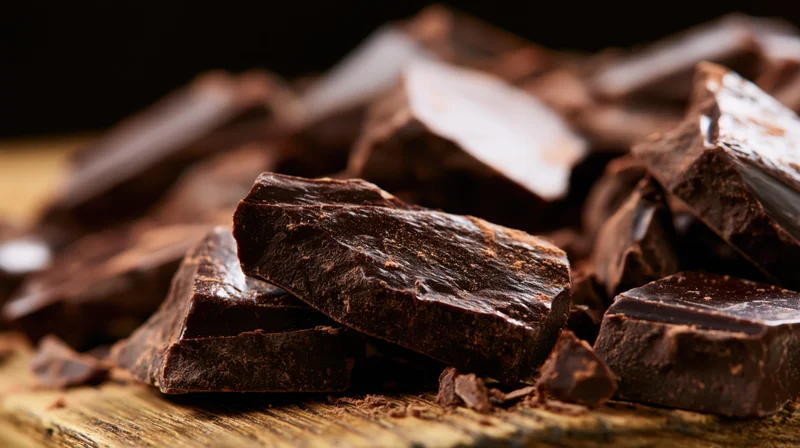 Broken dark chocolate chunks scattered on a wooden surface in closeup