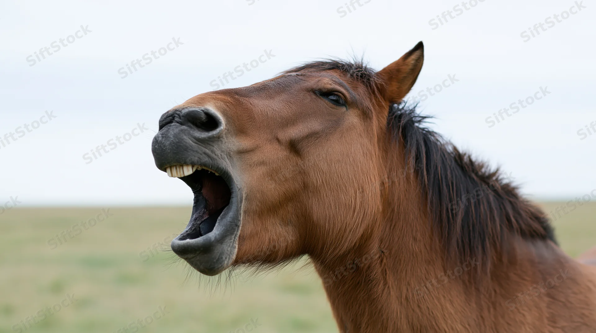 Brown horse whinnying with mouth wide open in a grassy field