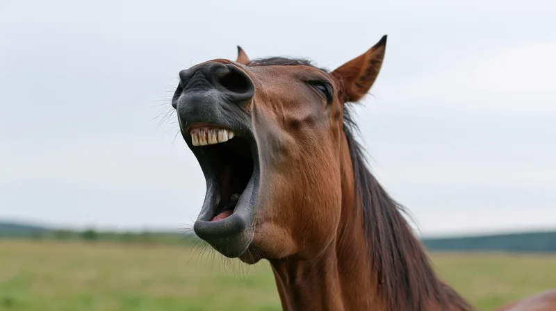 Brown horse whinnying with mouth wide open in a grassy field