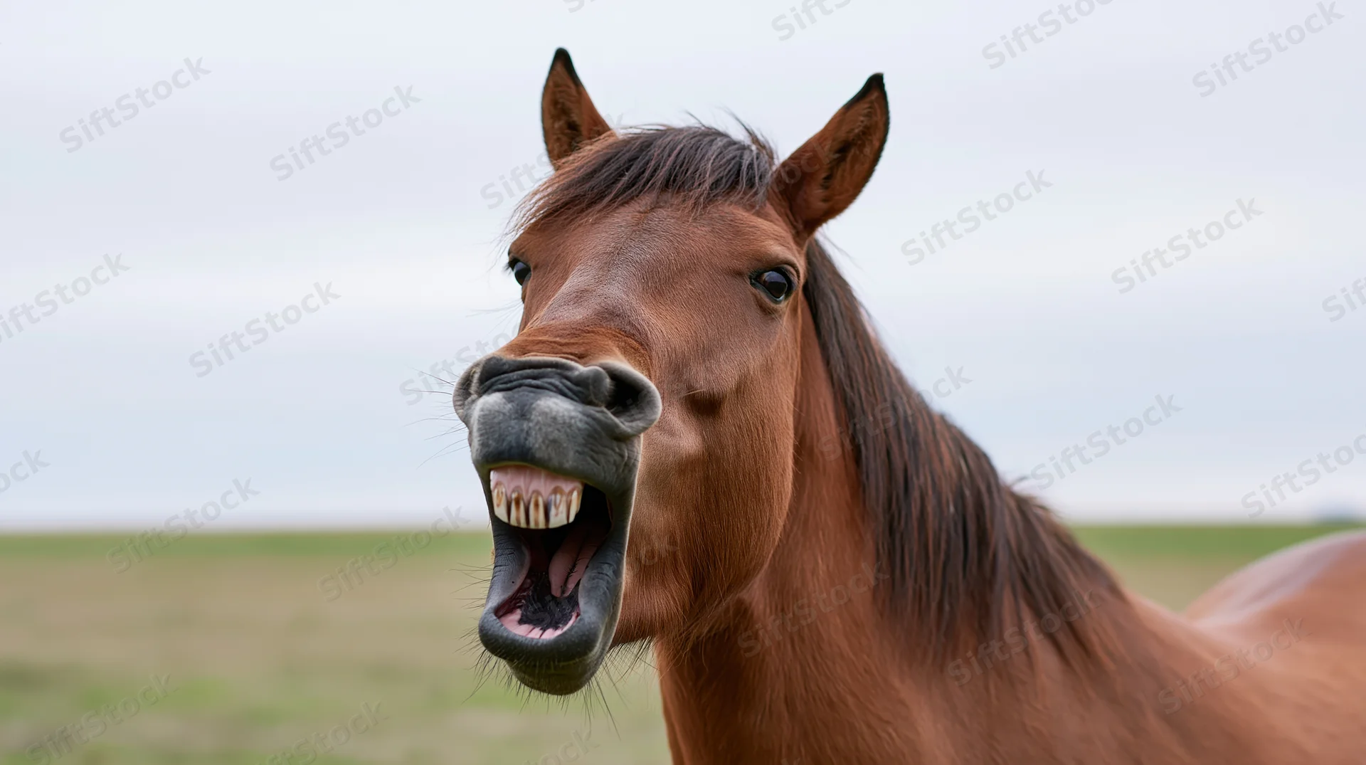 Brown horse with mouth wide open mid-whinny in a grassy field