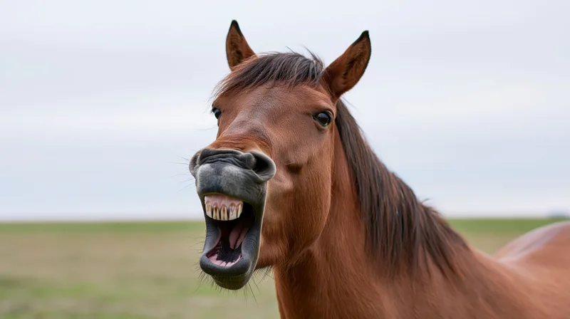 Brown horse with mouth wide open mid-whinny in a grassy field