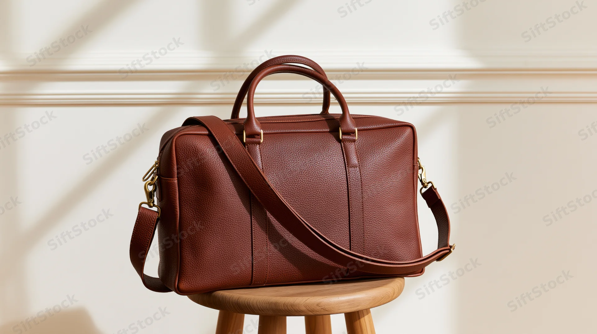Brown pebbled leather briefcase with dual top handles and shoulder strap resting on wooden stool in studio setting