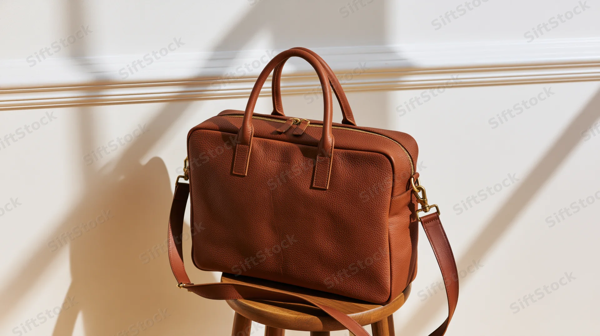 Brown pebbled leather briefcase with dual top handles and shoulder strap resting on wooden stool against white wall