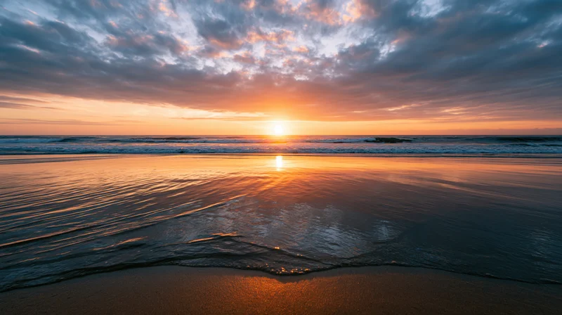 Sunset over calm ocean shoreline with gentle waves washing onto wet sand