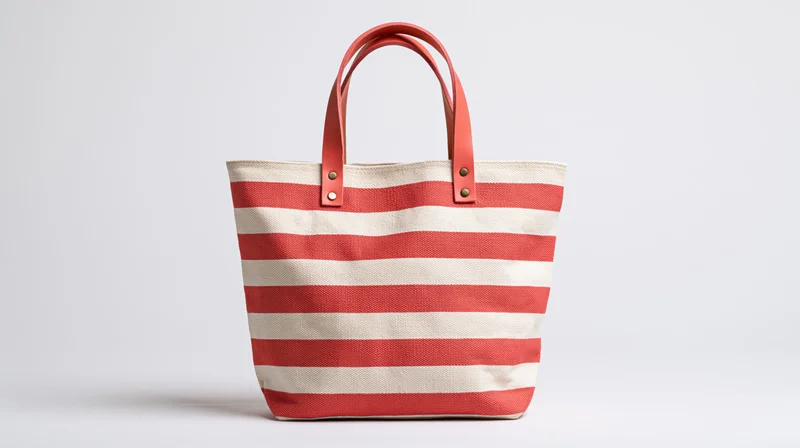 Striped canvas tote bag with coral handles standing on white background