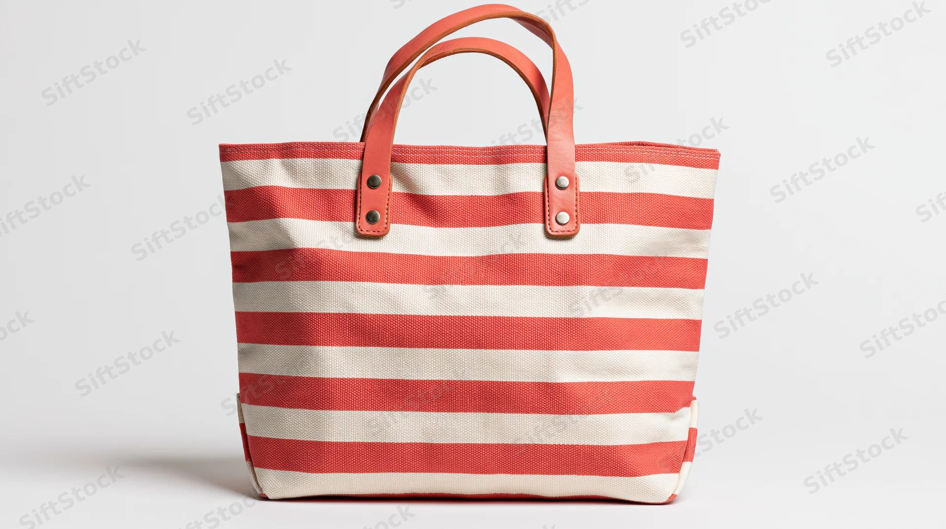 Striped canvas tote bag with leather handles on white background