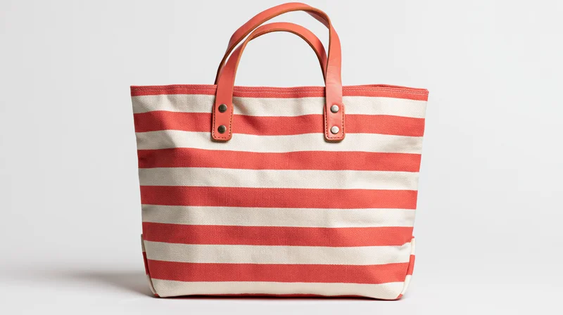 Striped canvas tote bag with leather handles on white background