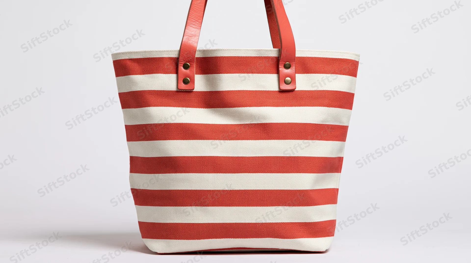 Red and white striped canvas tote bag with leather handles on white background