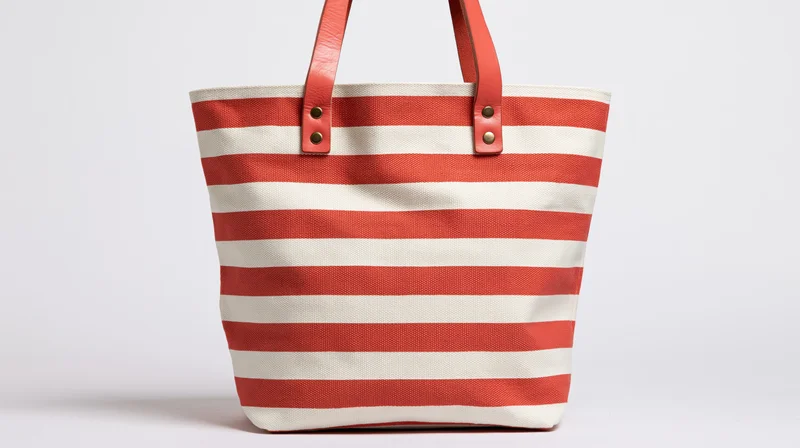 Red and white striped canvas tote bag with leather handles on white background