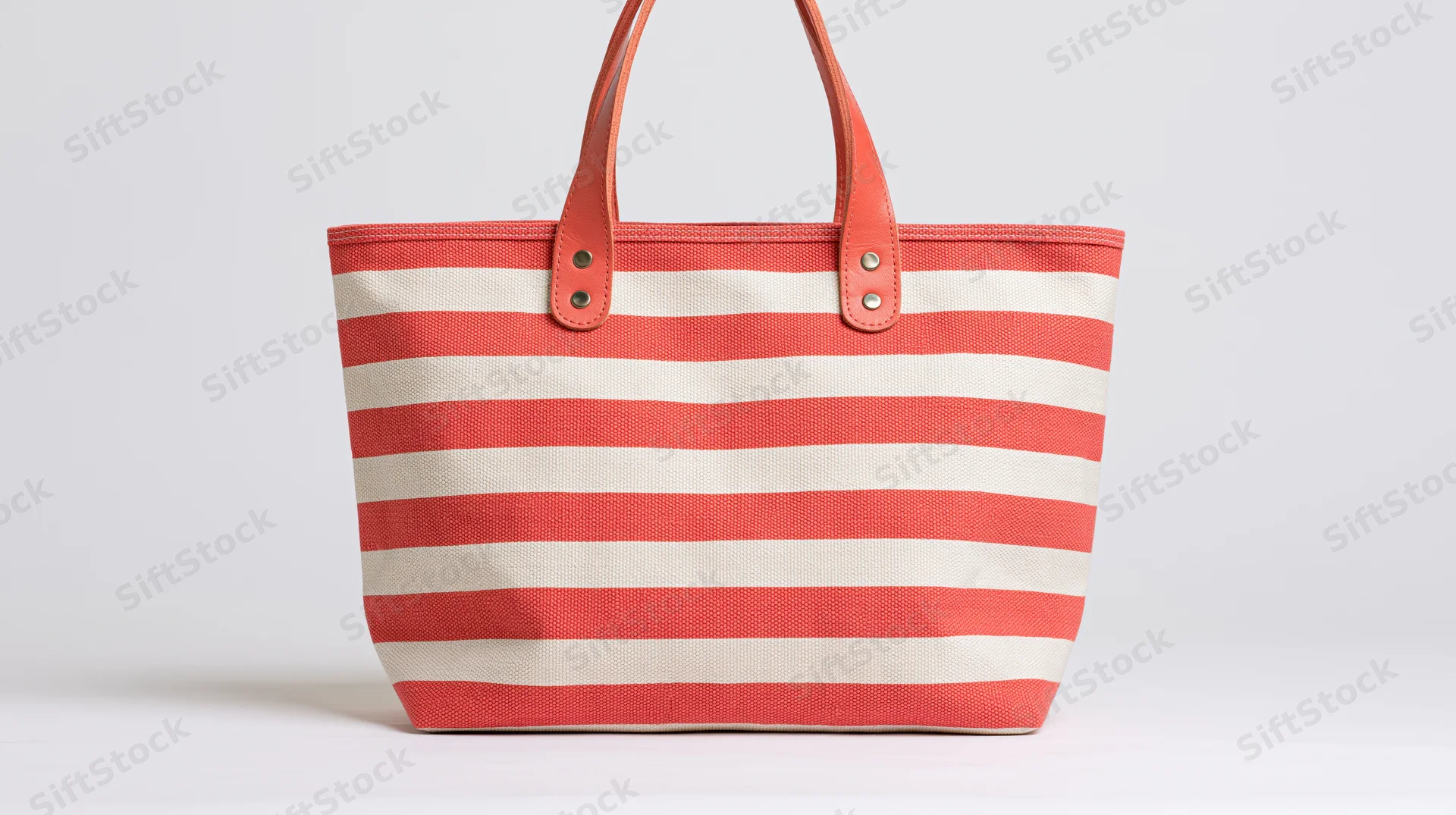 Striped canvas tote bag with leather handles on white background