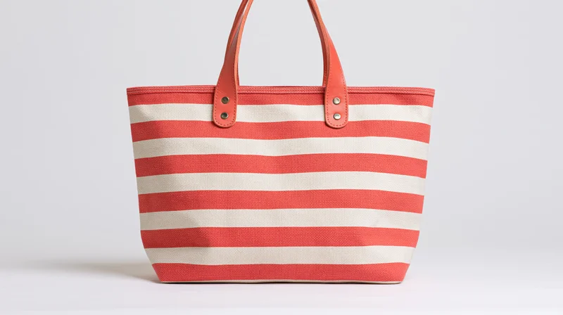 Striped canvas tote bag with leather handles on white background