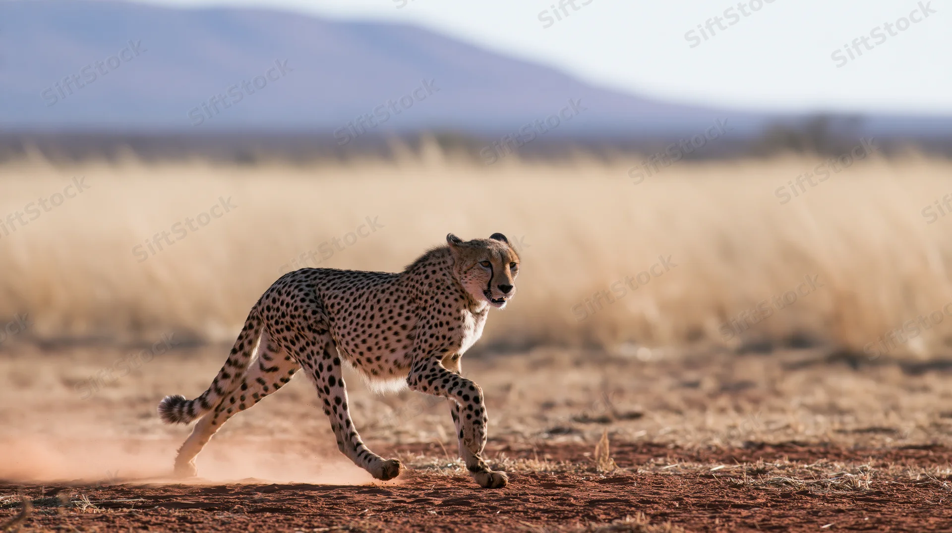 Cheetah running across open savanna kicking up dust