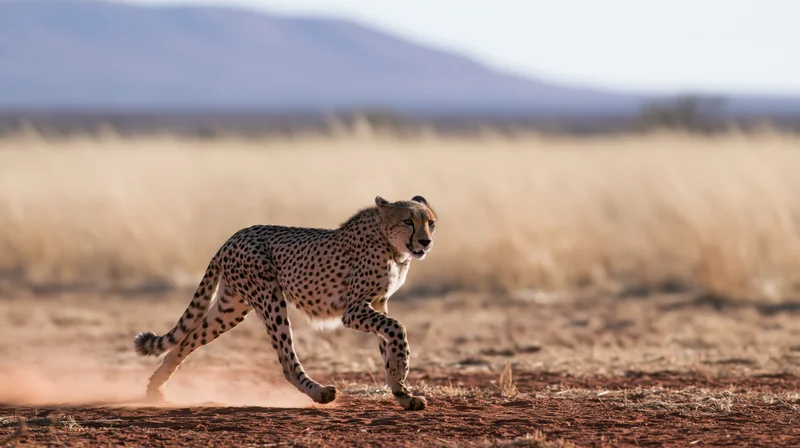 Cheetah running across open savanna kicking up dust