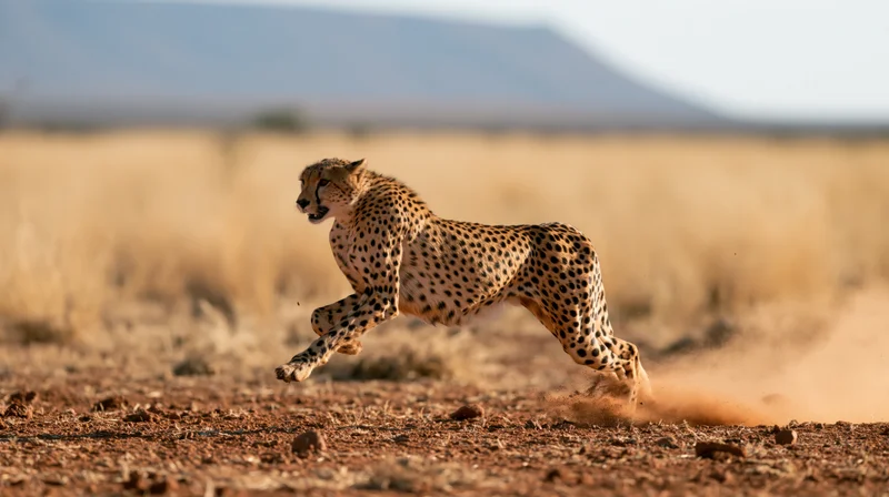 Cheetah running at full speed across dry savanna plain with dust trailing behind
