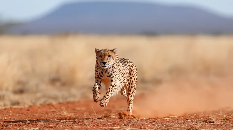 Cheetah running at full speed across open savanna with dust trailing behind on red soil