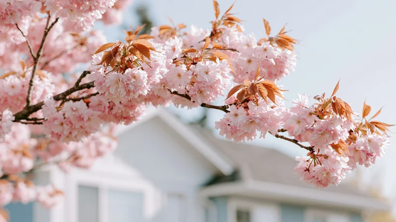 Cherry blossom branch in full bloom with soft pink flowers in front of a white house