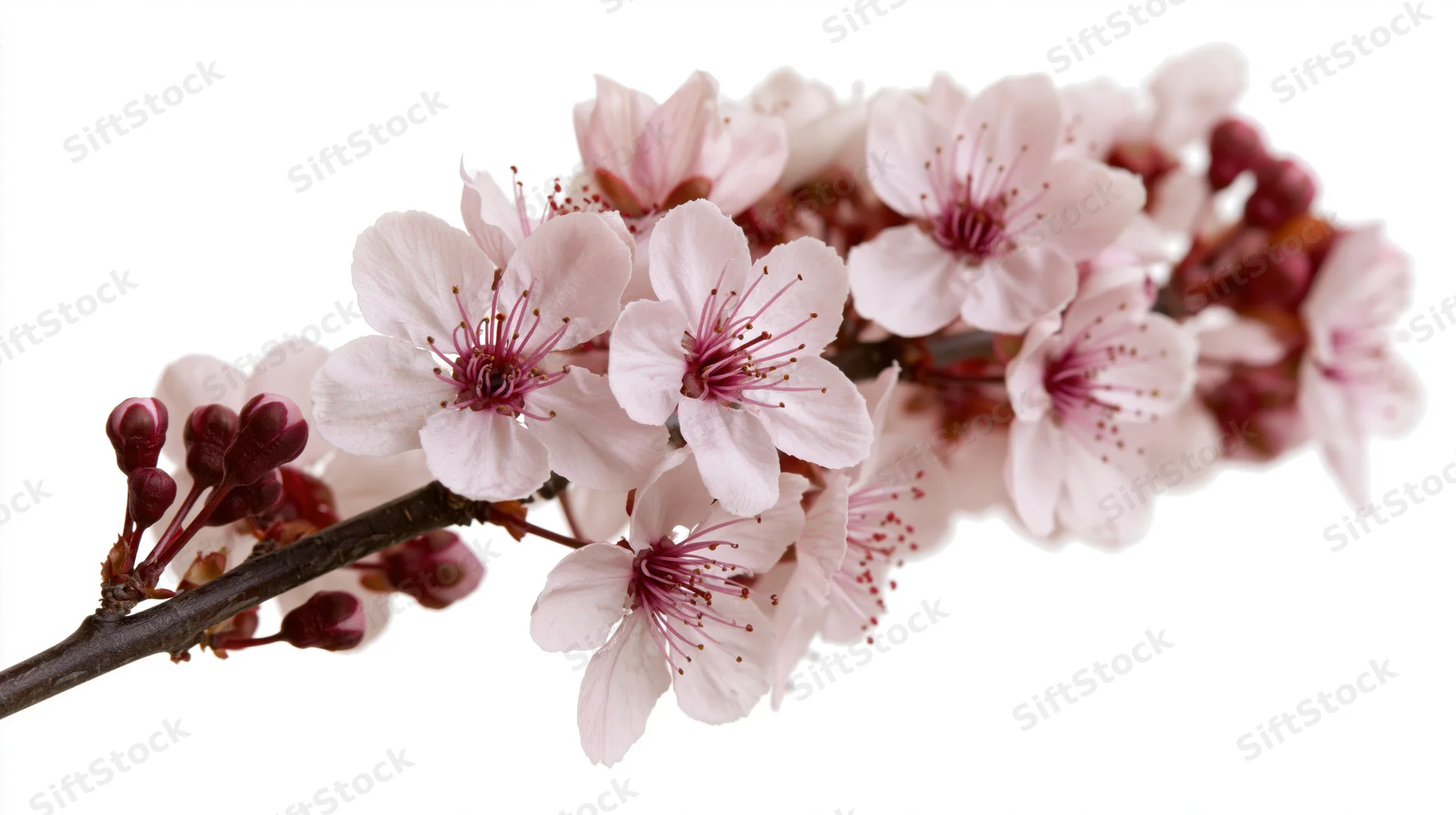 Cherry blossom branch with open pale pink flowers and small buds on white background