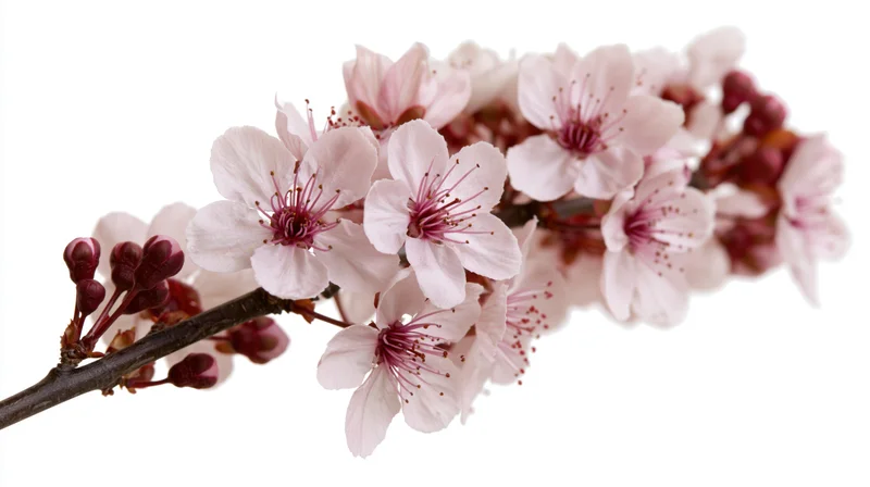 Cherry blossom branch with open pale pink flowers and small buds on white background