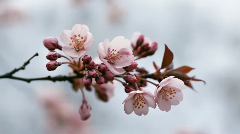 Cherry blossom branch with open and closed flowers in soft focus against a blurred sky