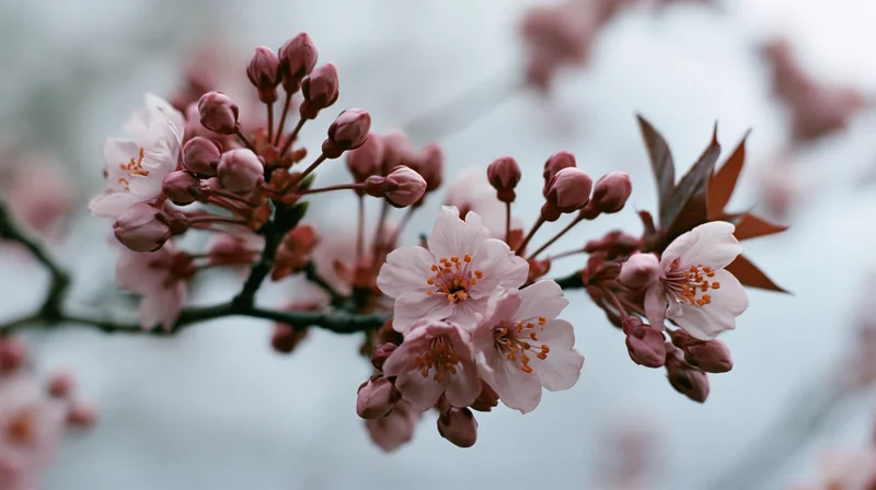 Cherry blossom branch with open and closed pink flowers in springtime closeup
