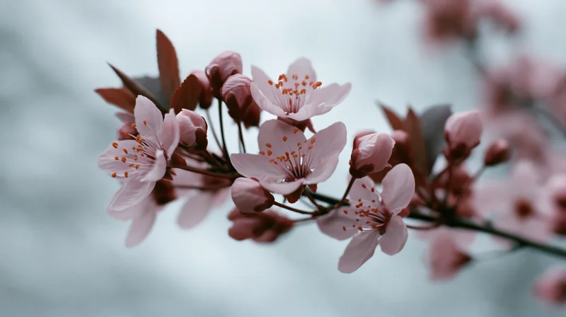 Cherry blossom branch with open and closed pink flowers in spring, soft focus background