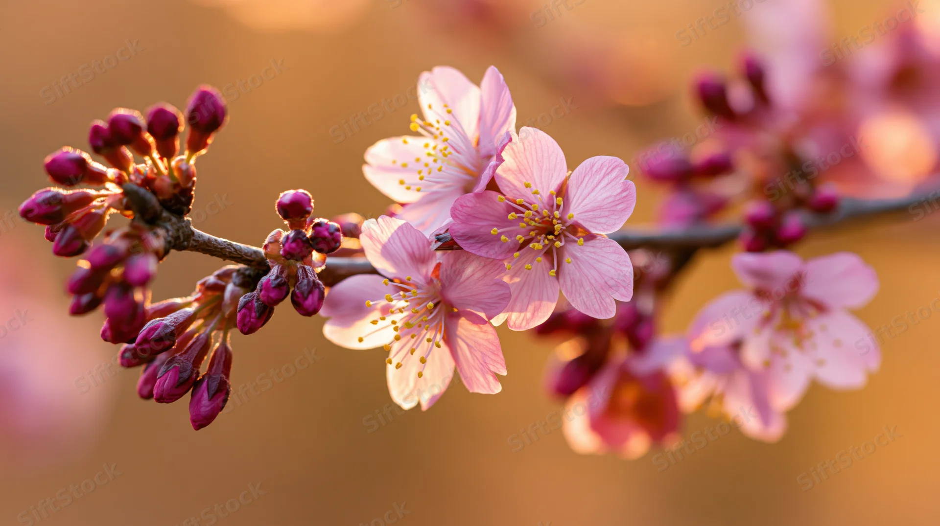 Cherry blossom branch with pink flowers and small buds in soft golden light