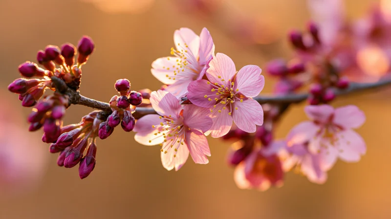 Cherry blossom branch with pink flowers and small buds in soft golden light