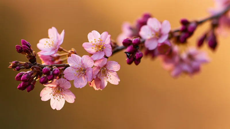 Cherry blossom branch with pink flowers and small buds in soft golden light