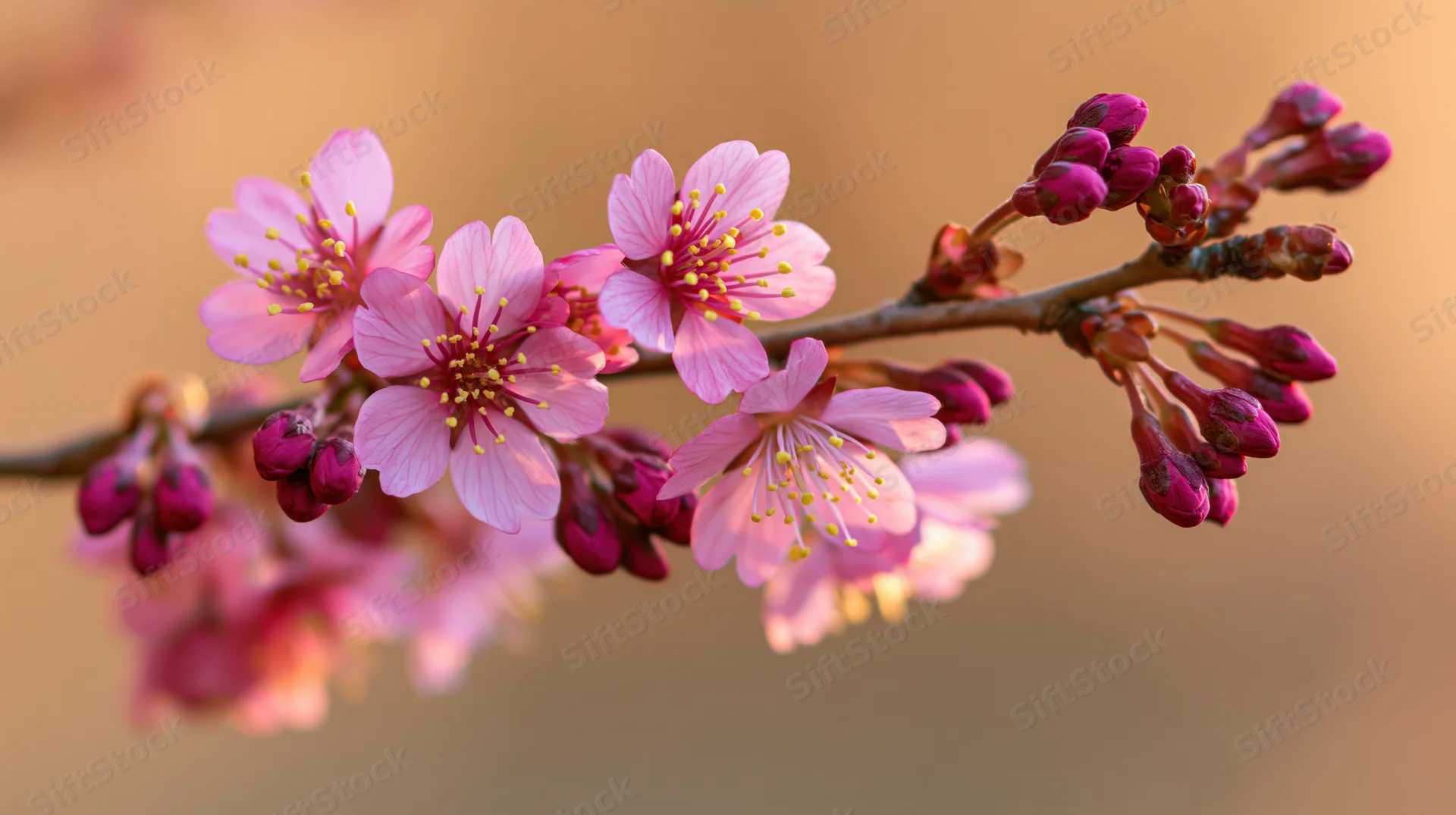 Cherry blossom branch with pink flowers and buds in soft warm light