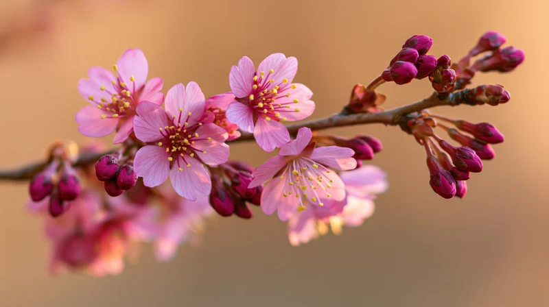 Cherry blossom branch with pink flowers and buds in soft warm light