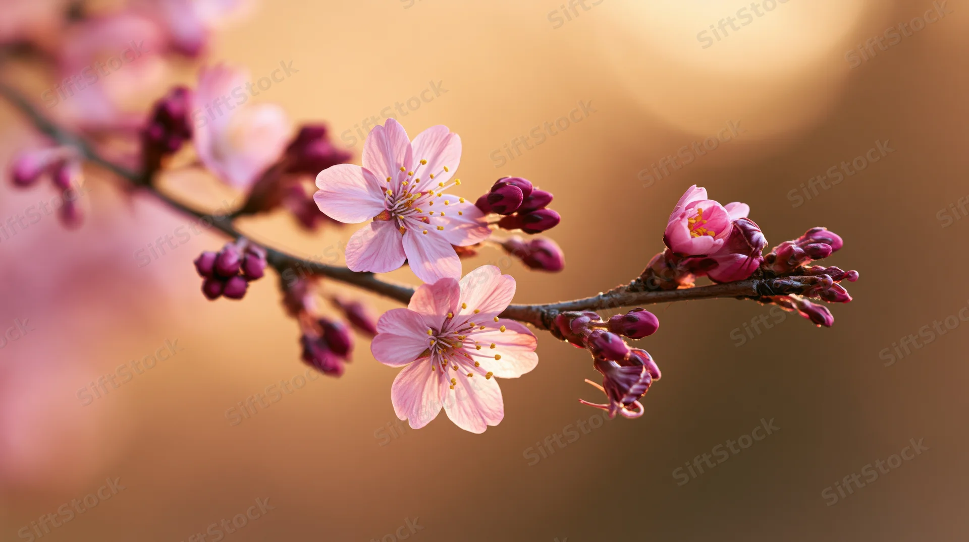 Cherry blossom branch with pink flowers and buds in soft focus against warm background