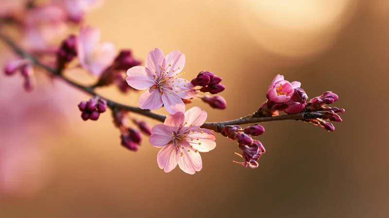 Cherry blossom branch with pink flowers and buds in soft focus against warm background