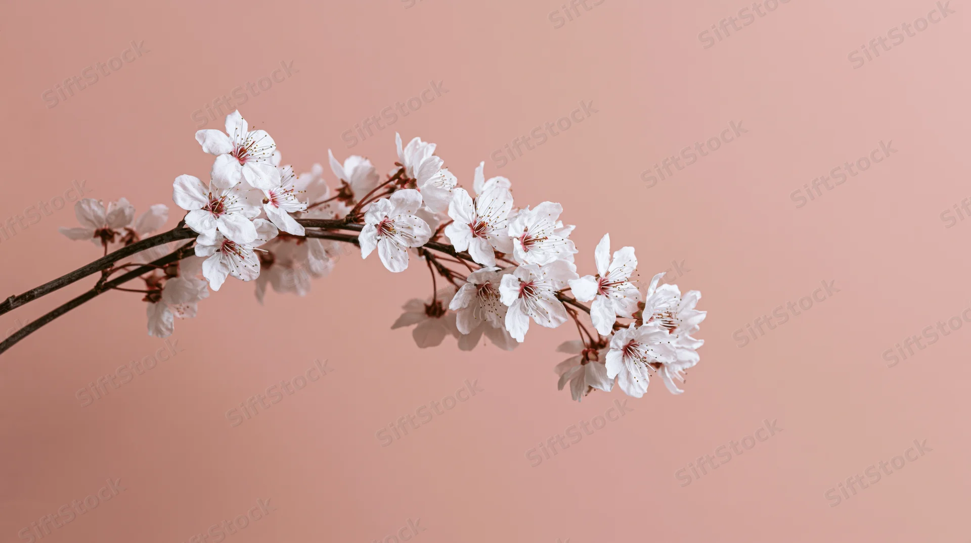 Cherry blossom branch with small white blooms against a soft pink background