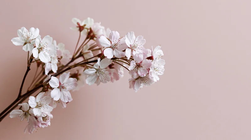 Cherry blossom branch with small white and pink blooms against a soft pink background