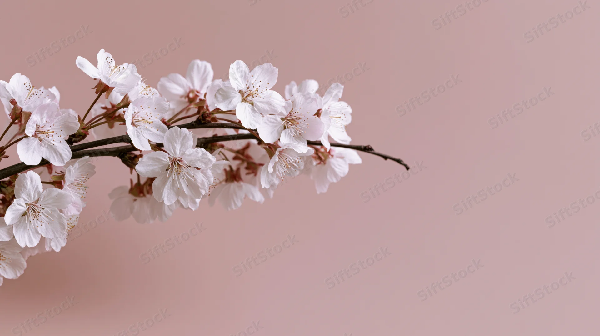 Cherry blossom branch with small white blooms on a soft pink background