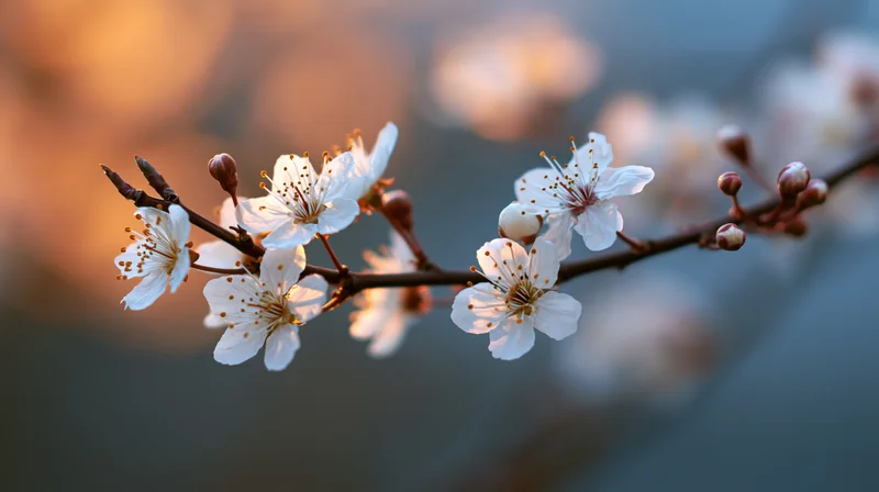 Cherry blossom branch with white flowers and buds in soft golden light at dusk