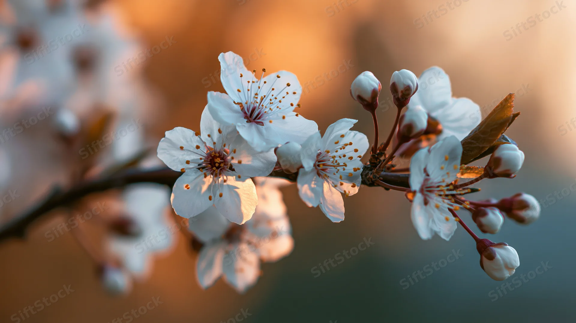 Cherry blossom branch with open white flowers and buds in soft golden light
