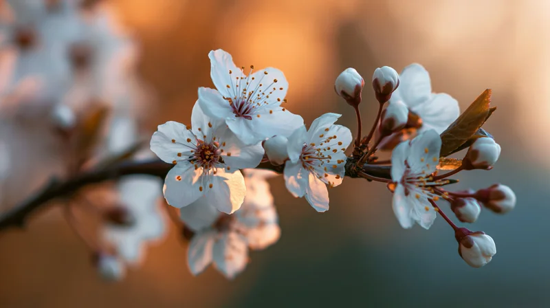 Cherry blossom branch with open white flowers and buds in soft golden light