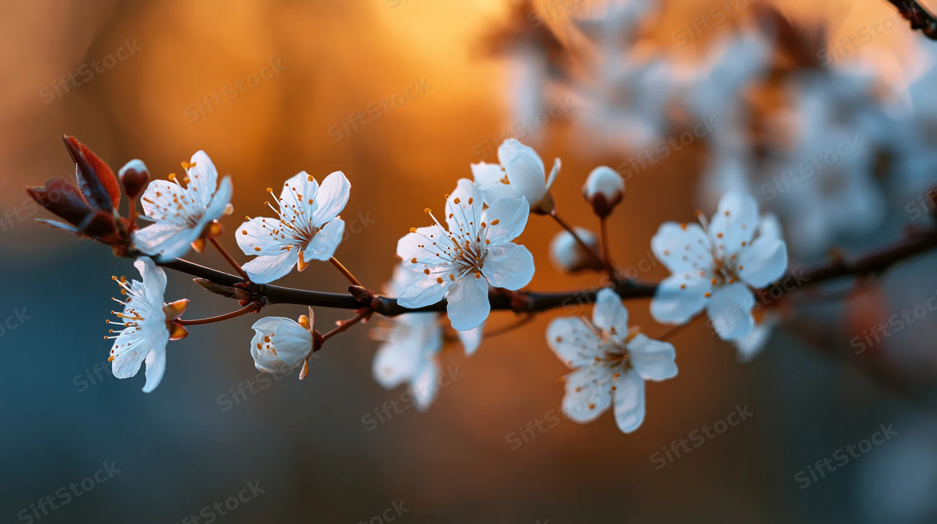 Cherry blossom branch with white flowers and buds in soft sunlight