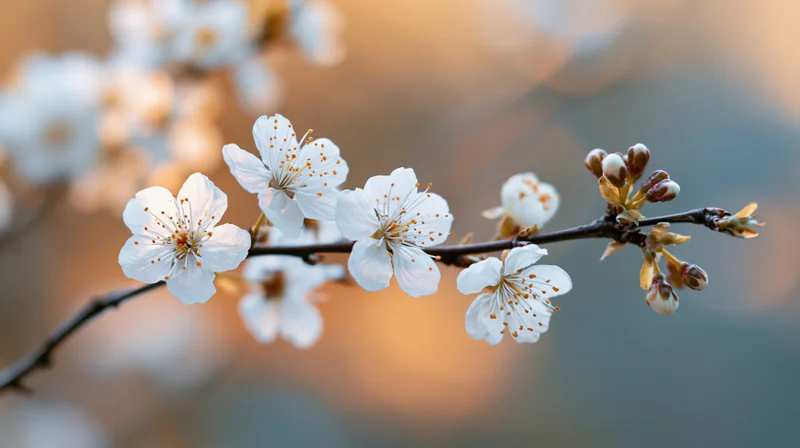 Cherry blossom branch with white flowers and buds in soft golden light
