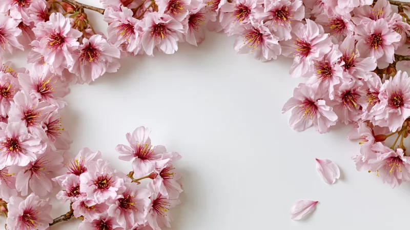 Cherry blossom branches arranged as a border frame on white background with copyspace