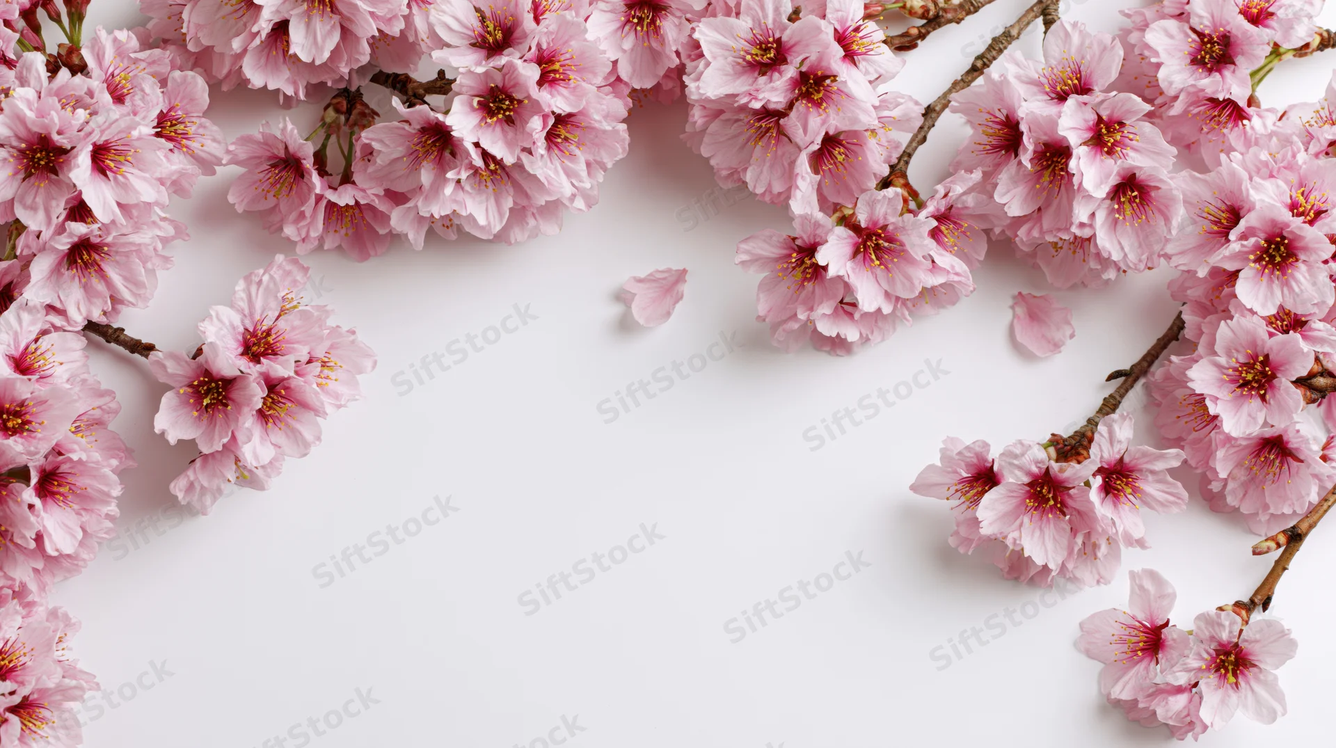 Cherry blossom branches arranged as a border frame on white background with copyspace