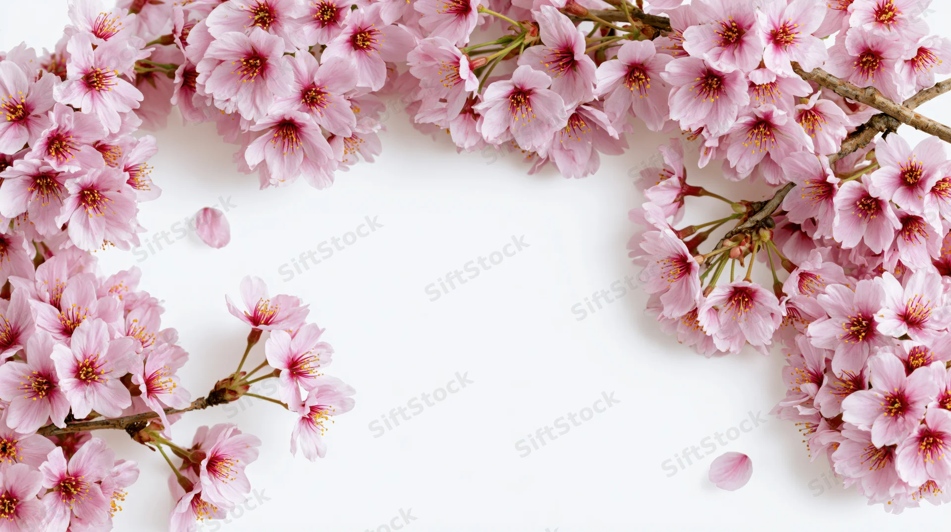 Cherry blossom branches arranged as a border frame on white background with copyspace
