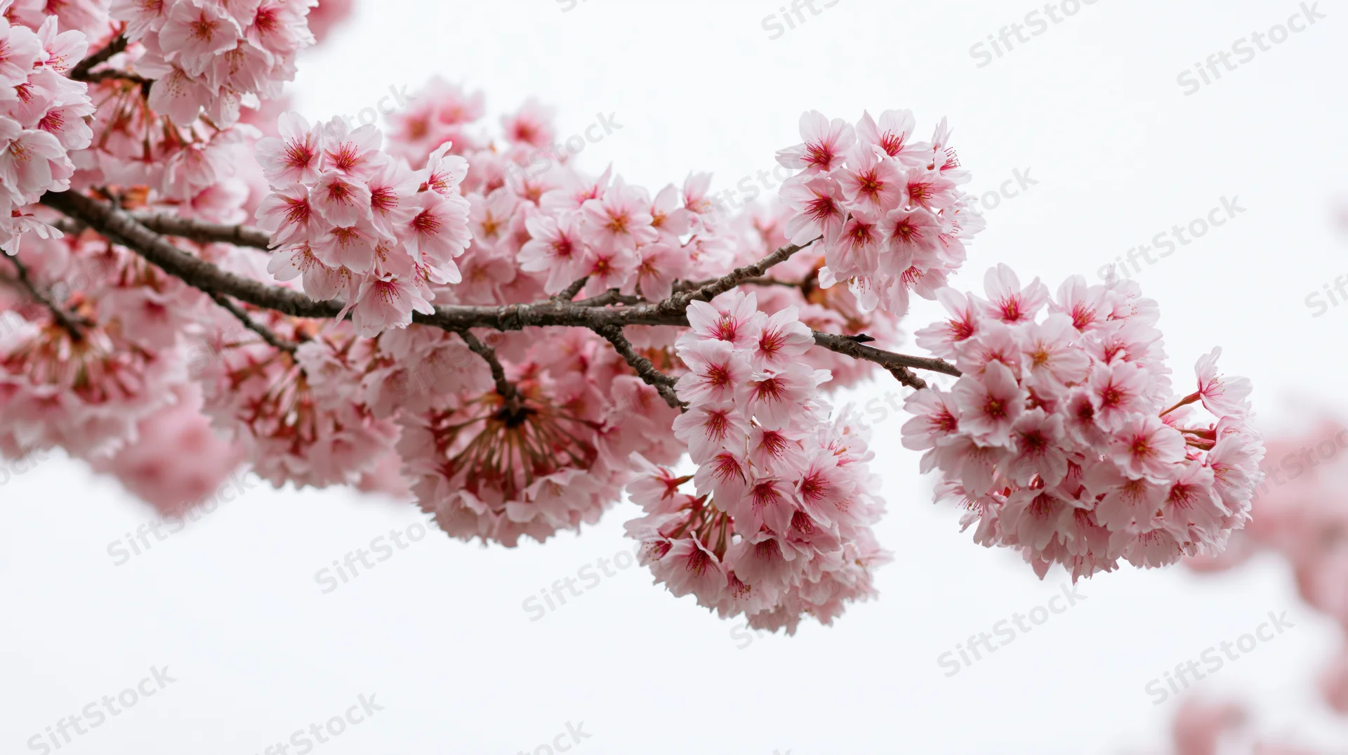 Cherry blossom branches in full bloom against a soft white sky