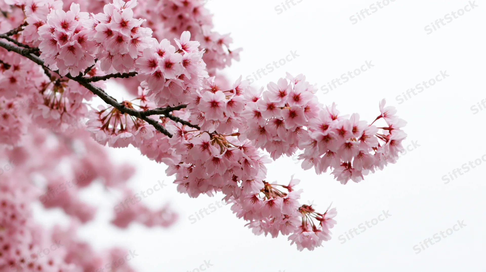 Cherry blossom branch in full bloom against a bright sky