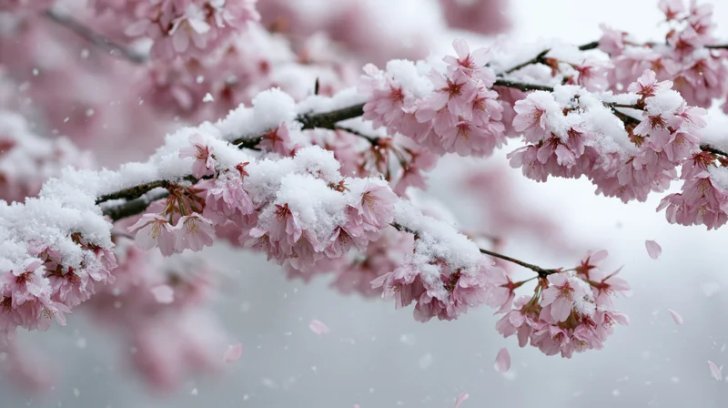 Cherry blossom branches covered in snow with pink blooms in soft focus background