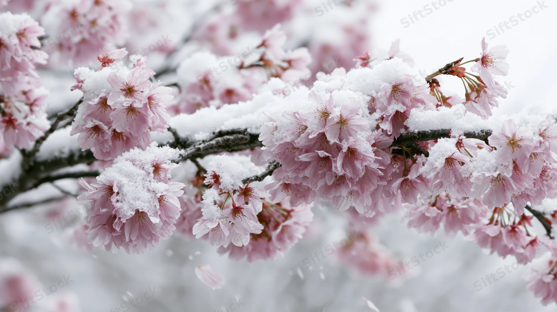 Cherry blossom branches covered in snow with pink blooms in soft focus background