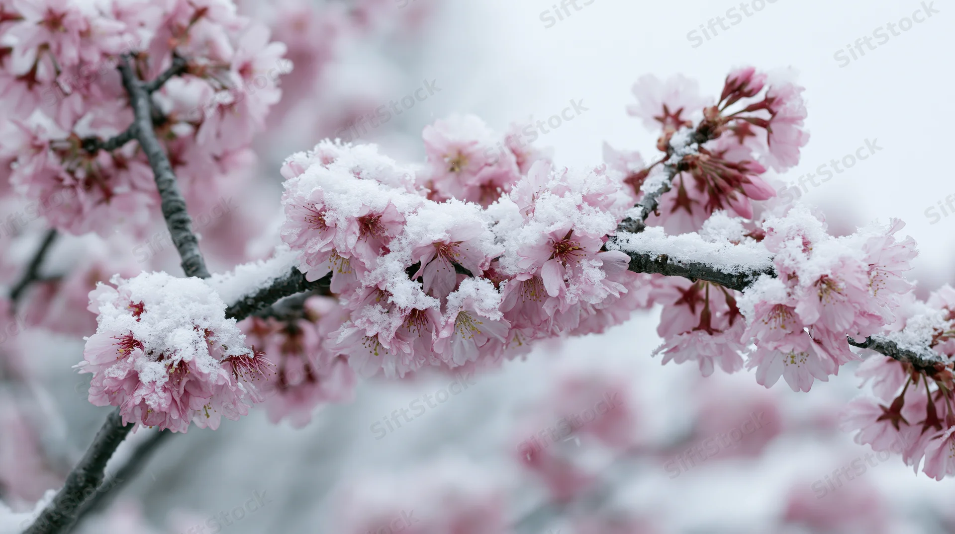 Cherry blossom branches covered in snow with pink blooms in a natural outdoor setting